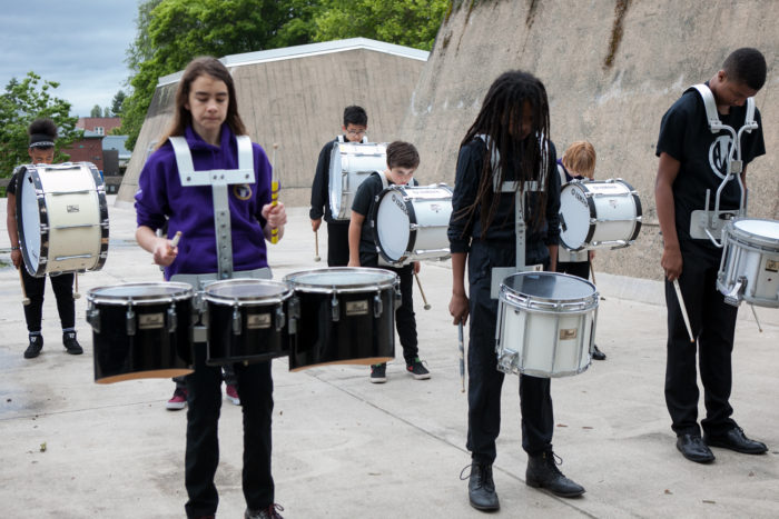 The Washington Middle School drumline practices their routine before competing at Garfield High SchoolÕs 8th Annual Bulldog Drumline Expo (BDX) on Saturday, May 28, 2016. The Garfield High School BDX is the largest drumline competition in Washington State. (Photo by Jovelle Tamayo)