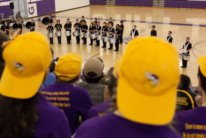 The Lake Stevens High School drumline watches the Glacier Peak High School drumline perform at Garfield High SchoolÕs 8th Annual BDX on Saturday, May 28, 2016. The Garfield High School BDX is the largest drumline competition in Washington State. (Photo by Jovelle Tamayo)