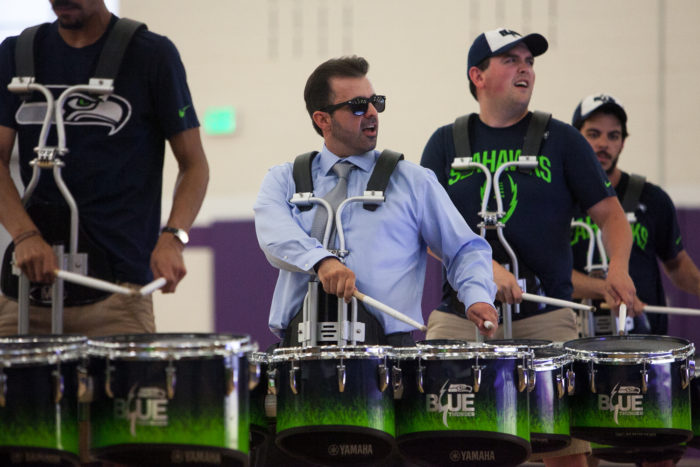 Garfield High School drumline director Tony Solano performs with the Seahawks Blue Thunder during the 8th Annual Bulldog Drumline Expo (BDX) on Saturday, May 28, 2016. The Garfield High School BDX is the largest drumline competition in Washington State. (Photo by Jovelle Tamayo)