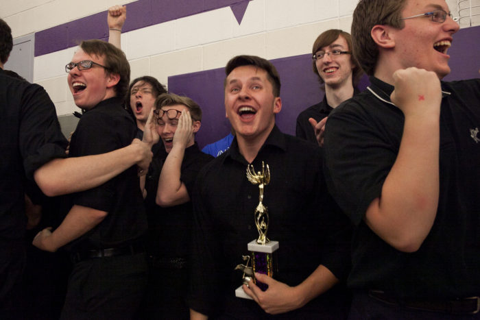 Members of the Glacier Peak High School drumline celebrate after receiving the first place award in the 8th Annual Bulldog Drumline Expo (BDX) on Saturday, May 28, 2016. The Garfield High School BDX is the largest drumline competition in Washington State. The Garfield High School BDX is the largest drumline competition in Washington State. (Photo by Jovelle Tamayo)