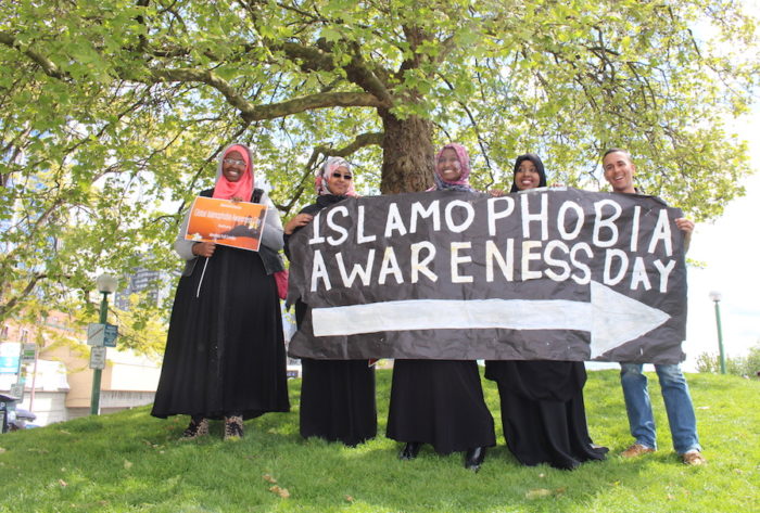 Student activists observing the first Islamophobia Awareness Day in 2015 near Victor Steinbrueck Park. (Photo by Ayan Jama)