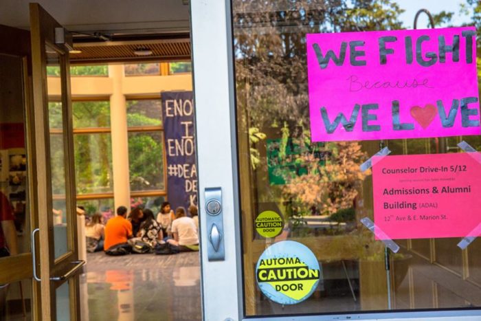 Seattle University students have occupied the Matteo Ricci College offices for a week, demanding the ouster of the college's dean. (Photo provided by the Matteo Ricci Coalition.)