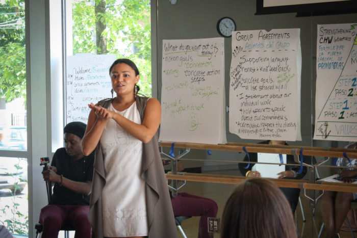 Angeles Solis presenting in Rainier Beach as part of her job as community connector with Foundation for Healthy Generations . (Photo by Esmy Jimenez) 
