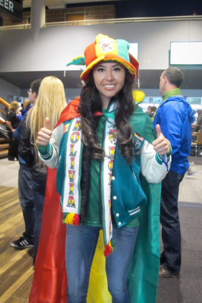 Pamela Maure shows her Bolivian pride at the Copa America match Tuesday night. (Photo by The Muzio family drove down from Kamloops to catch a glimpse of Lionel Messi. Copa America action continues Thursday at CenturyLink with U.S. vs. Ecuador. (Photo by Yiting Lim)