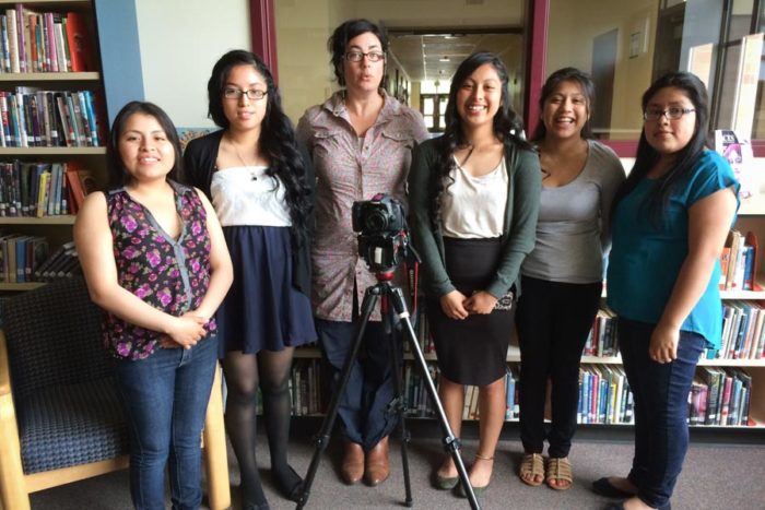 A group photo of the crew on the day they started making "Every Row A Path" From left to right: Ana Mendoza, Martha Morales, Jill Freidberg, Lucia Garcia, Tersea Santos, Cilviana Hernandez. (Photo courtesy Janice Blackmore)