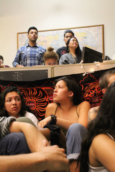 Members of SPU's Justice Coalition (background) on a visit to the MRC Coalition sit-in. (Photo by Alia Marsha)
