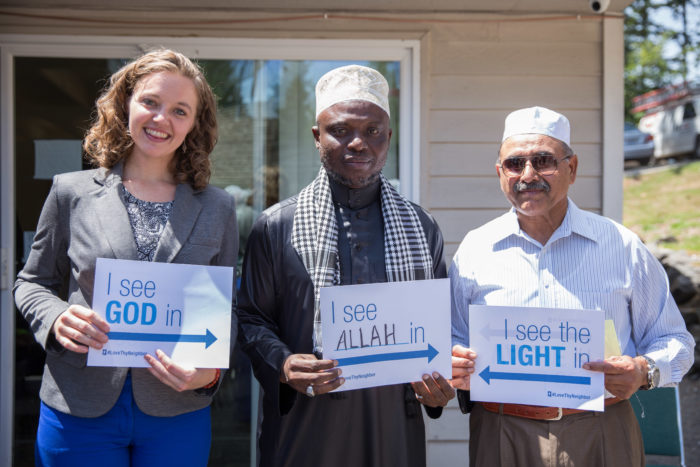Megan Fair of CAIR-WA, Imam Bazi and Shabbir Ahmed at the Islamic Center of Federal Way. (Photo by Alex Garland.)