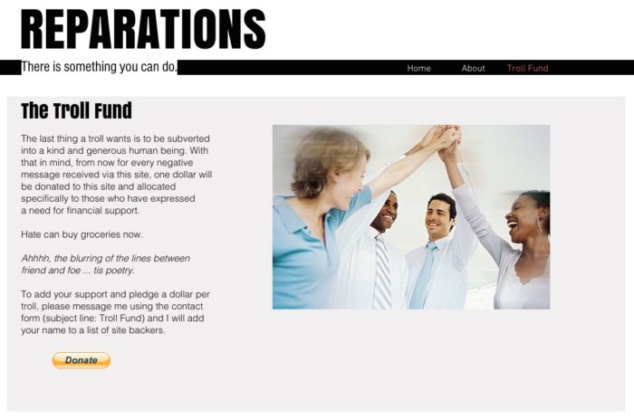 The "Troll Fund" page of Reparations.me (Screenshot)