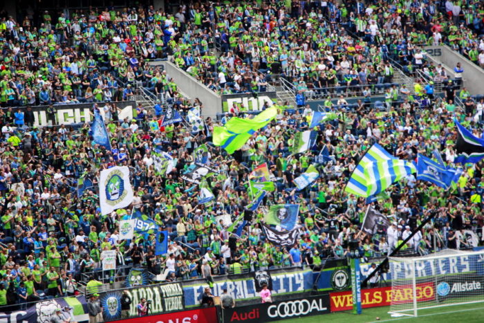 The crowd is raging behind the Seattle Sounders goal against LA Galaxy on 9th July, 2016. Photograph: Rafsanul Hoque