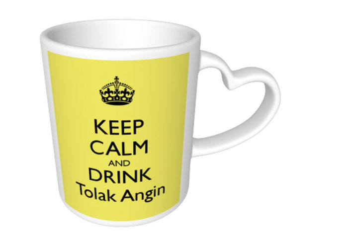 The antidote to masuk angin is the medicine Tolak Angin, which literally translates as "reverse wind." (Screenshot is a mug sold on www.keepcalm-o-matic.co.uk)