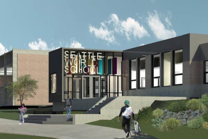 An artist's rendering of Seattle World School at the T.T. Minor building, where the school will move this year. (Illustration via Seattle Public Schools.)