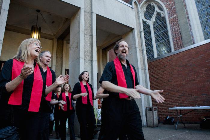The Seattle Peace Choir performs at the 2016 Lummi Nation House of Tears Totem Pole Journey celebration on August 25, 2016 at Seattleís Saint Markís Episcopal Cathedral. The Lummi Nation uses their annual totem pole journey to raise awareness of the fossil fuel industryís negative environmental effects.