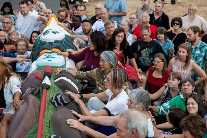 About 300 people gathered for the 2016 Lummi Nation House of Tears Totem Pole Journey celebration on August 25, 2016 at Seattleís Saint Markís Episcopal Cathedral. The Lummi Nation uses their annual totem pole journey to raise awareness of the fossil fuel industryís negative environmental effects.