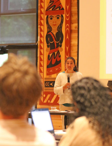 Students in the Native Education Certificate Program listen to Co-Director Megan Bang, center at the new Longhouse building on campus. (Photo by Greg Gilbert / The Seattle Times)