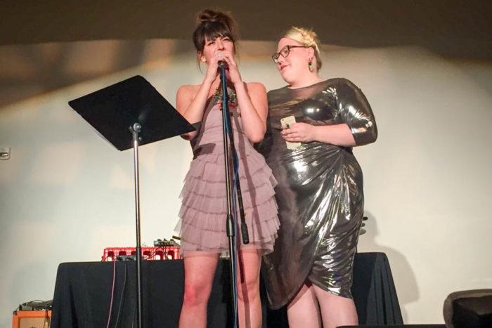 #ShoutYourAbortion founders Amelia Bonow and Lindy West at the Stomp the Patriarchy event in Seattle on Saturday. (Photo by Melissa Lin)