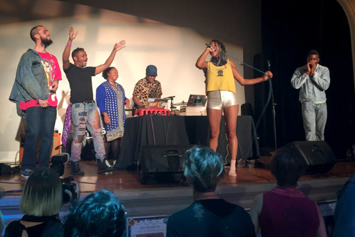 Donormaal invites audiences members onstage at the Stomp the Patriarchy event to celebrate the anniversary of #ShoutYourAbortion. (Photo by Melissa Lin.)
