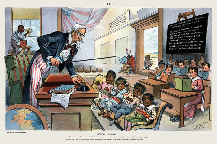 A political caricature first appearing in Puck magazine in 1899 that depicts Uncle Sam teaching a lesson. (Photo courtesy of United States Library of Congress)