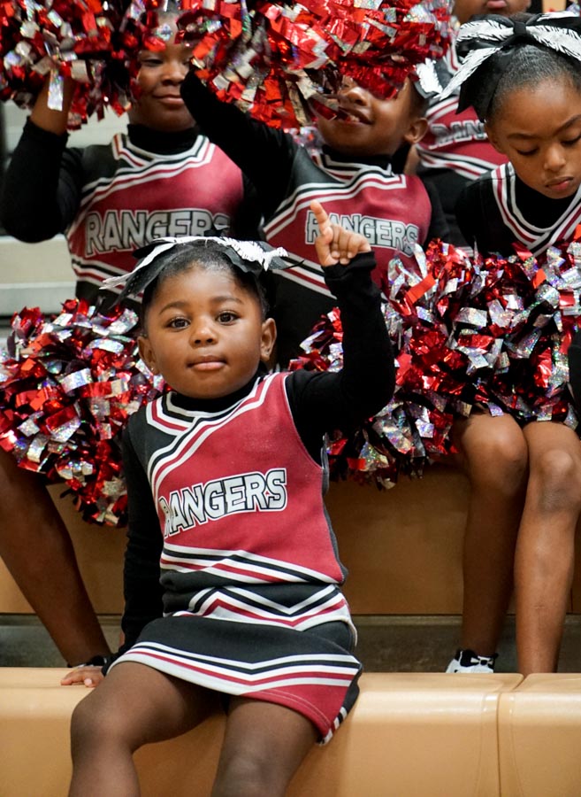 Mini Renton Ranger cheerleader Telecia, 3 shows some spirit during the GSYF&C Cheer Competition. (Photo by Susan Fried)
