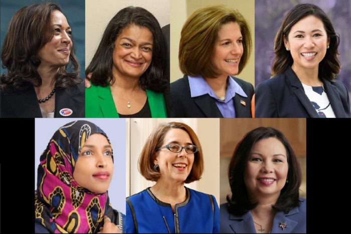 Clockwise from top left: Kamala Harris, Pramila Jayapal, Catherine Cortez Masto, Stephanie Murphy, Tammy Duckworth, Kate Brown and Ilhan Omar. (Photos from campaign websites and Facebook pages)