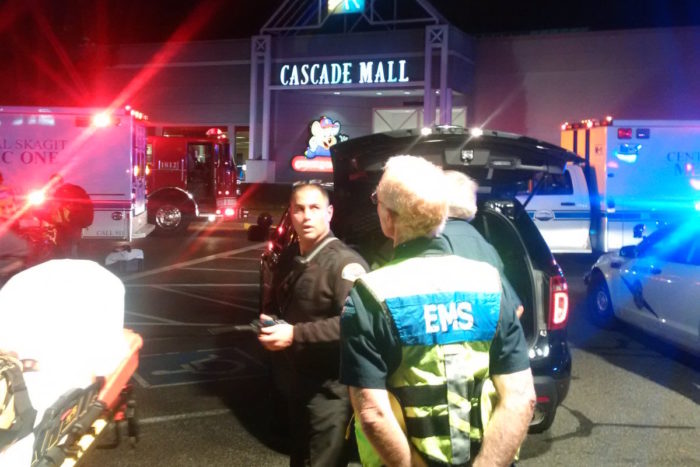 Emergency medical responders prepare to enter the Cascade Mall in Burlington, WA, in September after a gunman fatally shot five people. (Photo by Sgt. Mark Francis for Washington State Patrol via Twitter.)