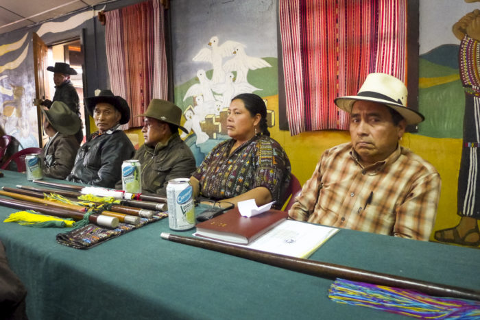 Inés Saloj (second from the right) attends a weekly meeting with 70 other community mayors in the Sololá municipality in southwestern Guatemala. (Photo by Brenda Leticia Saloj Chiyal, GPJ Guatemala)