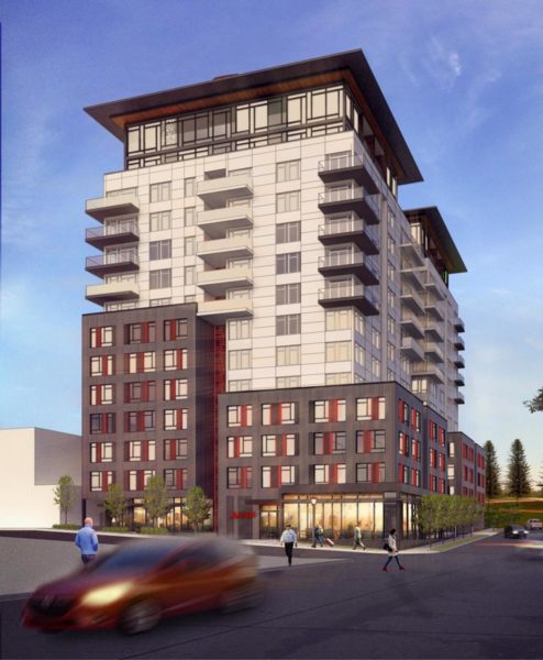 A rendering of the planned 14-story hotel and apartment building at 8th and Lane. (Courtesy Studio19 Architects)