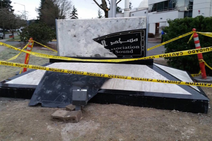 The sign at the Muslim Association of Puget Sound mosque in Redmond was vandalized for the second time in a month. (Photo by Redmond Police Department via Facebook)