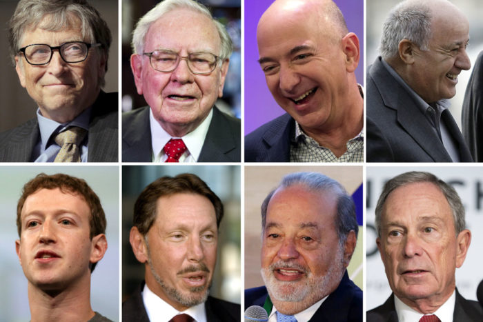 The world's eight richest people: Bill Gates, Warren Buffett, Jeff Bezos, Amancio Ortega, Mark Zuckerberg, Larry Ellison, Carlos Slim and Michael Bloomberg. Number one and number three live right here in the Seattle area. (Photo from Reuters)