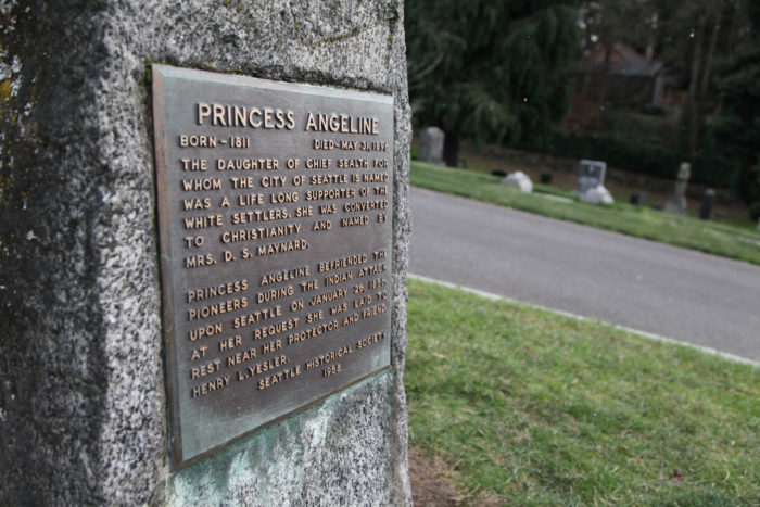 The gravestone of Princess Angeline, daughter of Chief Sealth, in Lake View Cemetery was erected by the Seattle historical society in 1958, and could probably use some updated language. (Photo by Alex Stonehill)