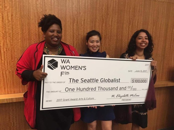Columnist Reagan Jackson, Education Director Christina Twu, and Board Vice President & Globalist Apprenticeship alum Esmy Jimenez collected this novelty check (representing the largest grant the Globalist has received to date!) from the Washington Women's Foundation in June 2017.