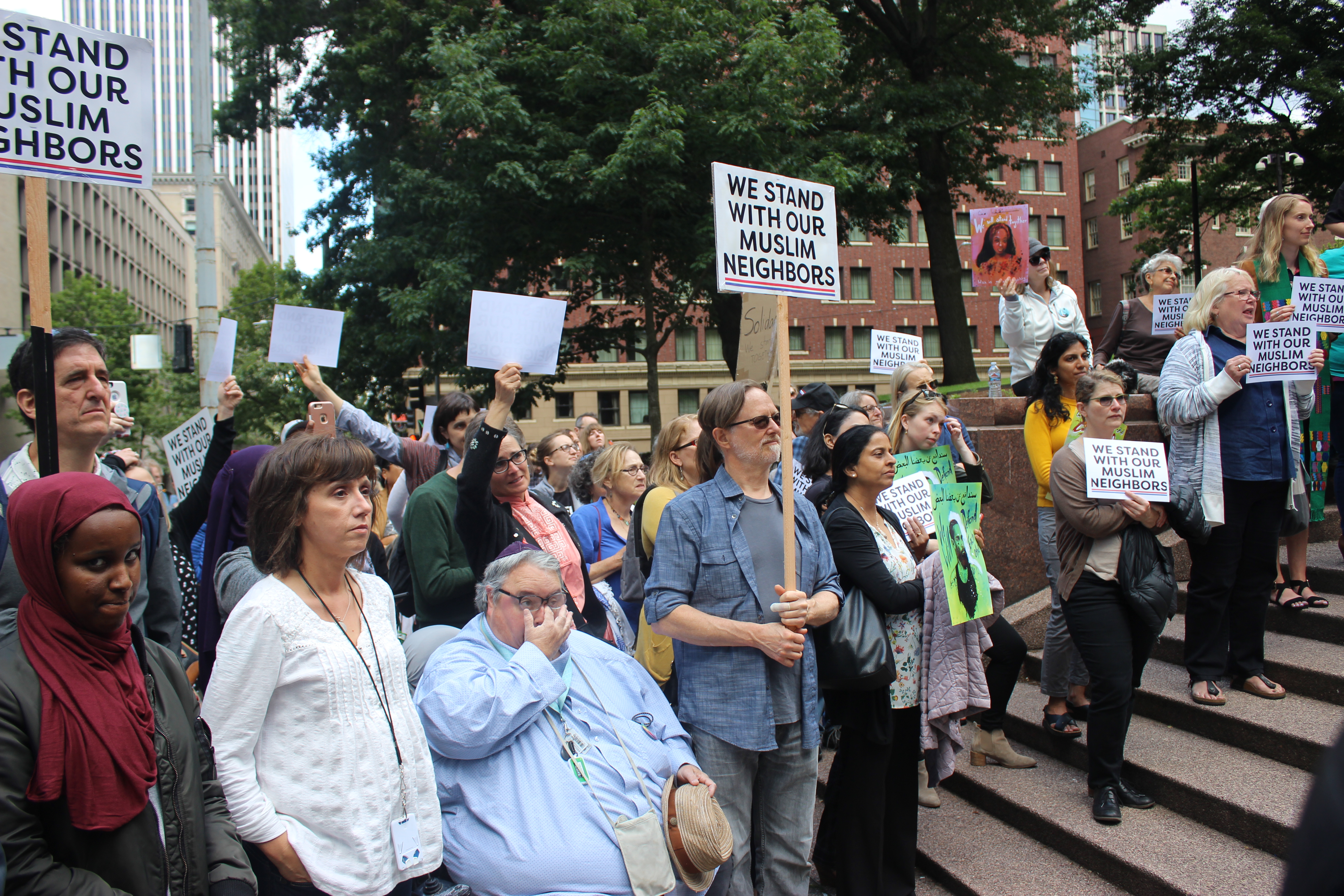 A crowd gathered in front of the US Courthouse in downtown Seattle to show support for the Muslim Community on June 26, 2018 (Photo by Cathy You)