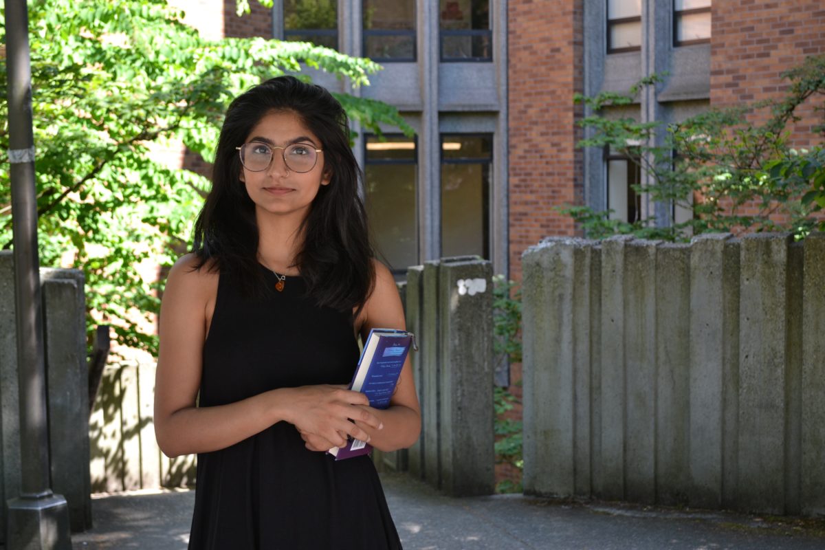 Jeevika Verma in front of Padelford Hall at the University of Washington.